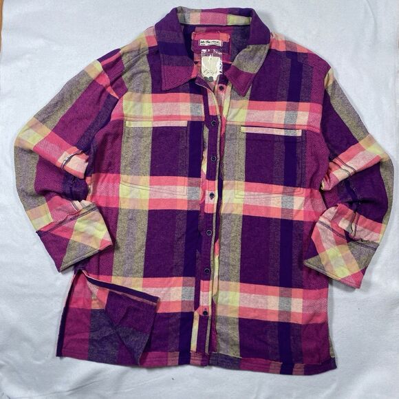 NWT FREE PEOPLE $148 SO LONG SUMMER COTTON FLANNEL SHIRT L PINK PLAID Button - Picture 2 of 12